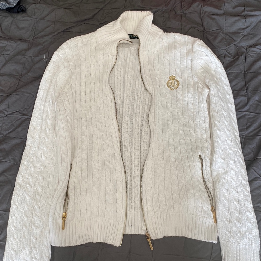 White Ralph Lauren zip up cable knit sweater